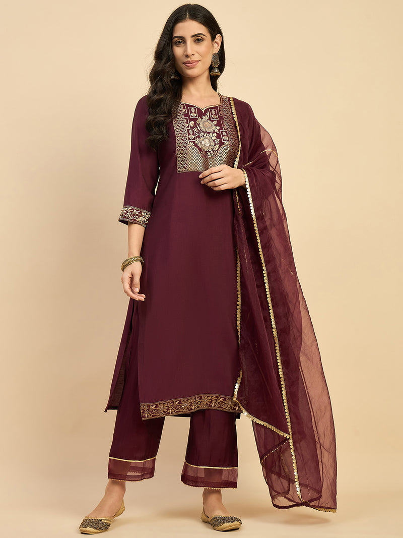 Embroidered Solid Kurta With Duaptta & Palazzo Set