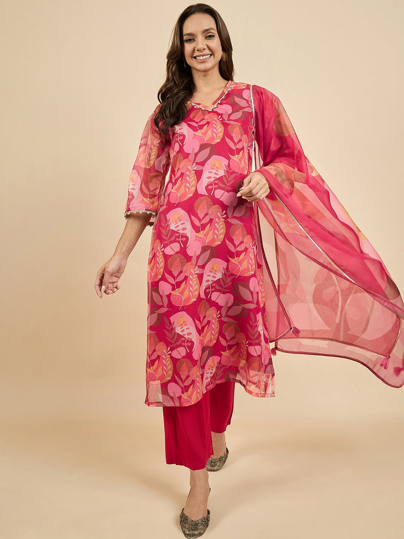 Floral Printed Kurta With Palazzo & Dupatta Set