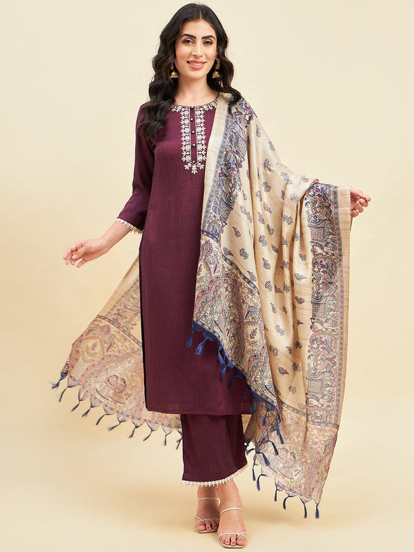 Purple Rayon Straight Calf Length Kurta With Palazzo Dupatta Set