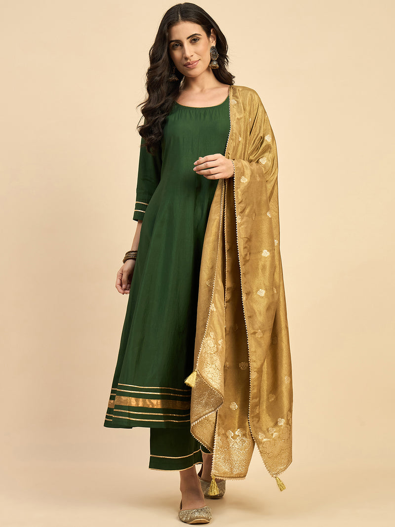 Green Solid Kurta With Palazzo & Dupatta Set