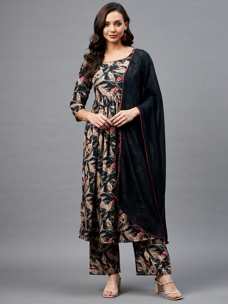 Floral Printed Kurta Set with Palazzo & Dupatta