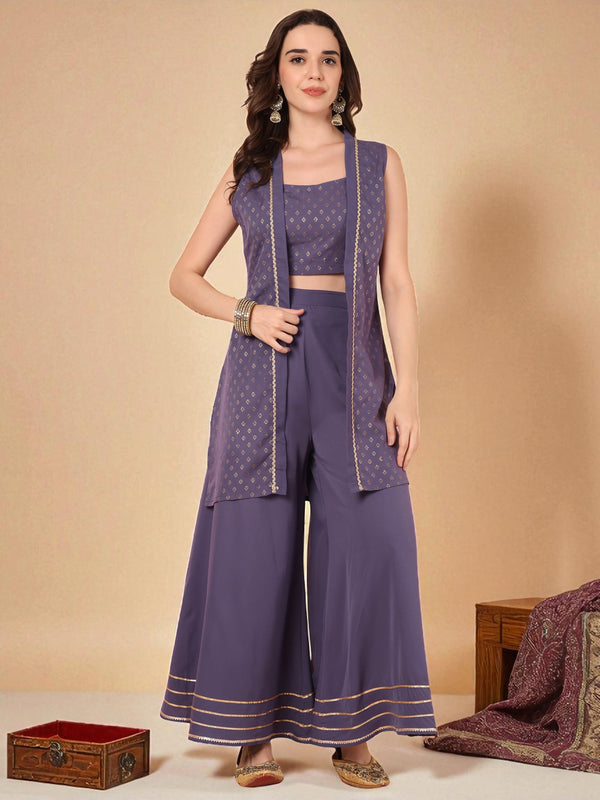 Printed Top with Front Open Embellished Shrug With Sahara Set