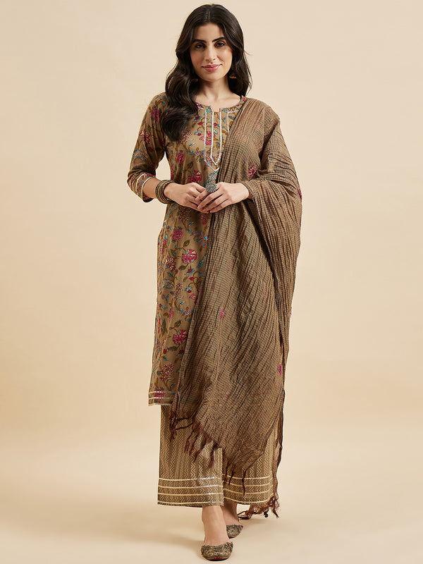 Printed Kurta With Palazzo & Dupatta Set