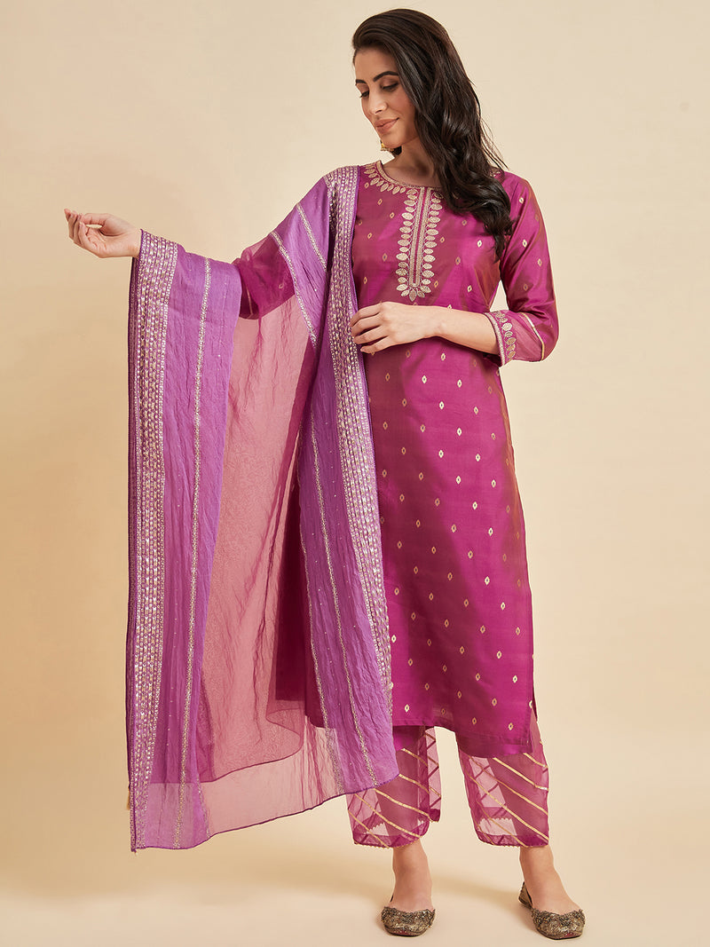 Straight Magenta Kurta With Palazzo & Dupatta set