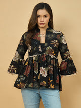 Azira Cotton Women Black Printed Ethnic Peplum Style Shrug For Women