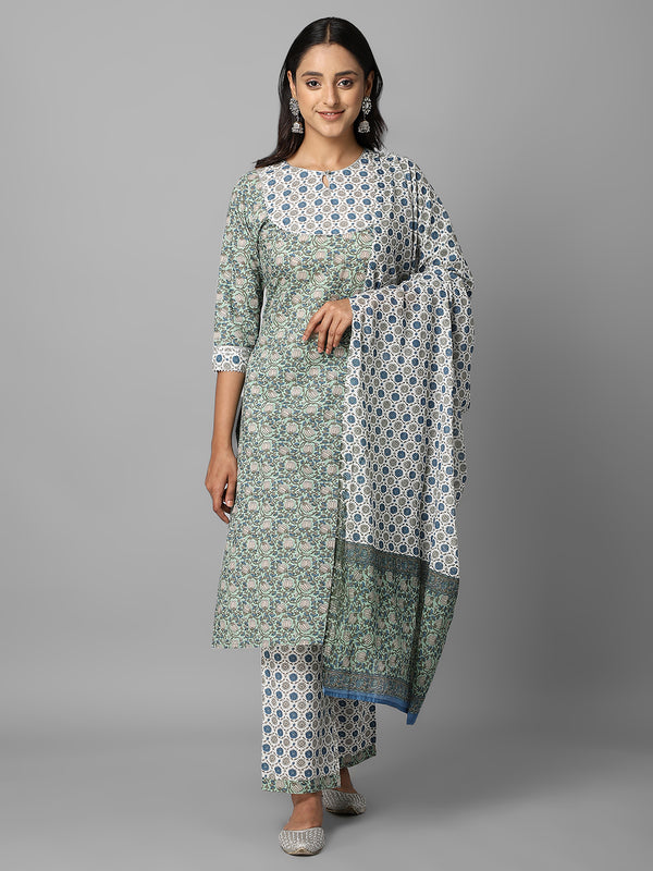 Green Printed Cotton Kurta With Dupatta & Palazzo