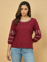 Azira Maroon Embroidered Round Neck Top | 3/4th Sleeve