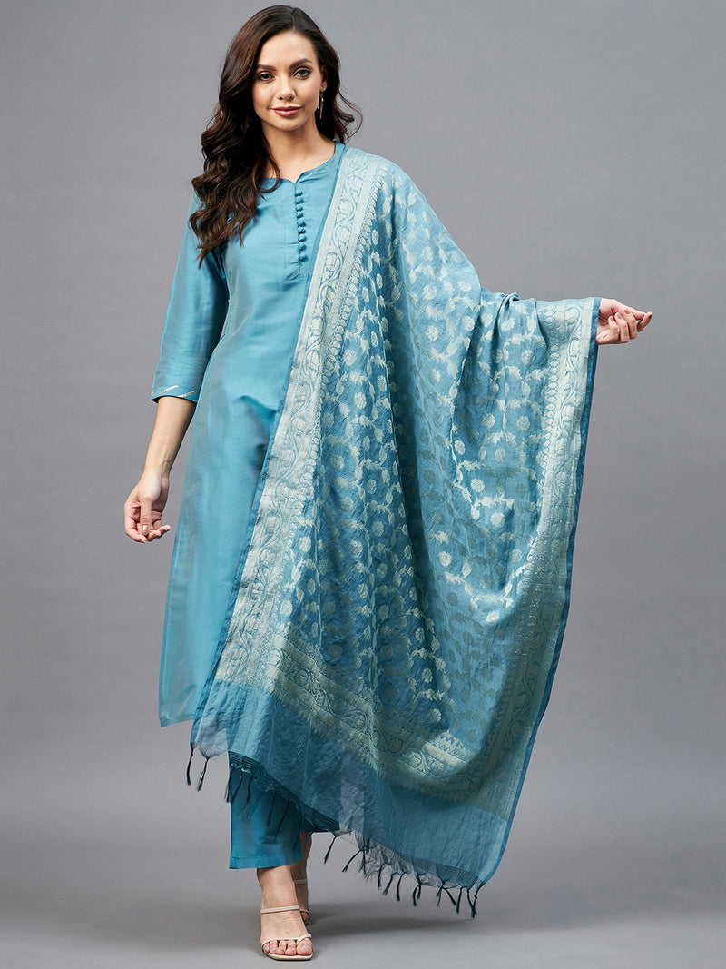 Straight Calf Length Kurta With Palazzo & Dupatta