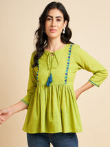 Lime Green Embroidered Peplum Cotton Top