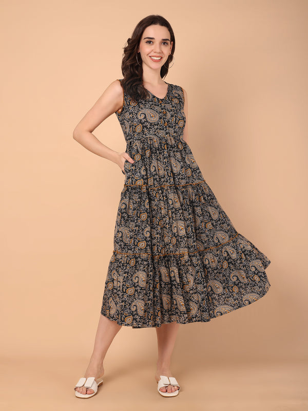 Paisley Print V-Neck Flared Dress