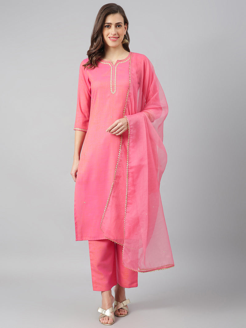 Solid Pink Embroidered Side Slit Straight Kurta