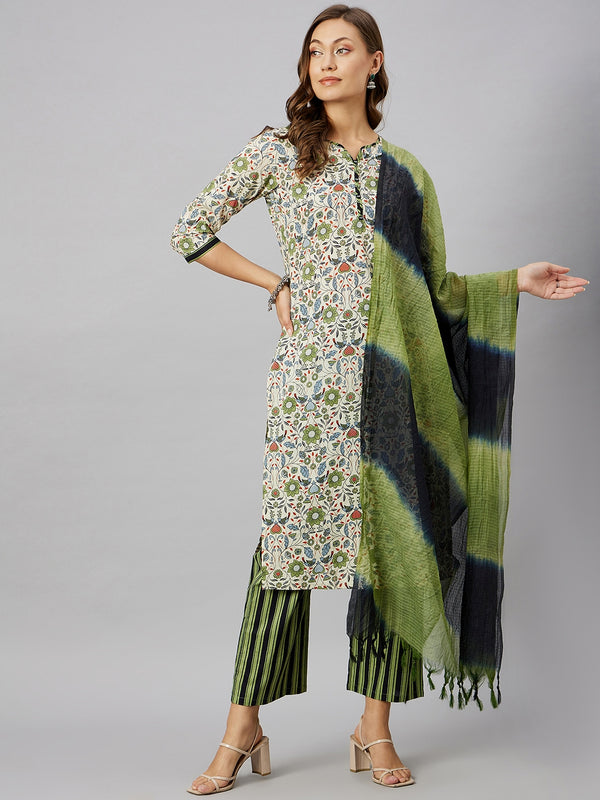 Floral Printed Kurta With Palazzo & Dupatta Set