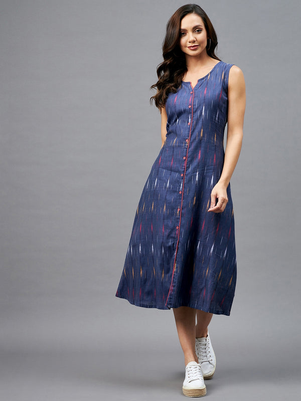 Navy Blue Ikkat Printed A-Line Button Down Dress