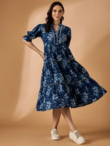 Blue Embroidered Fit & Flared Dress