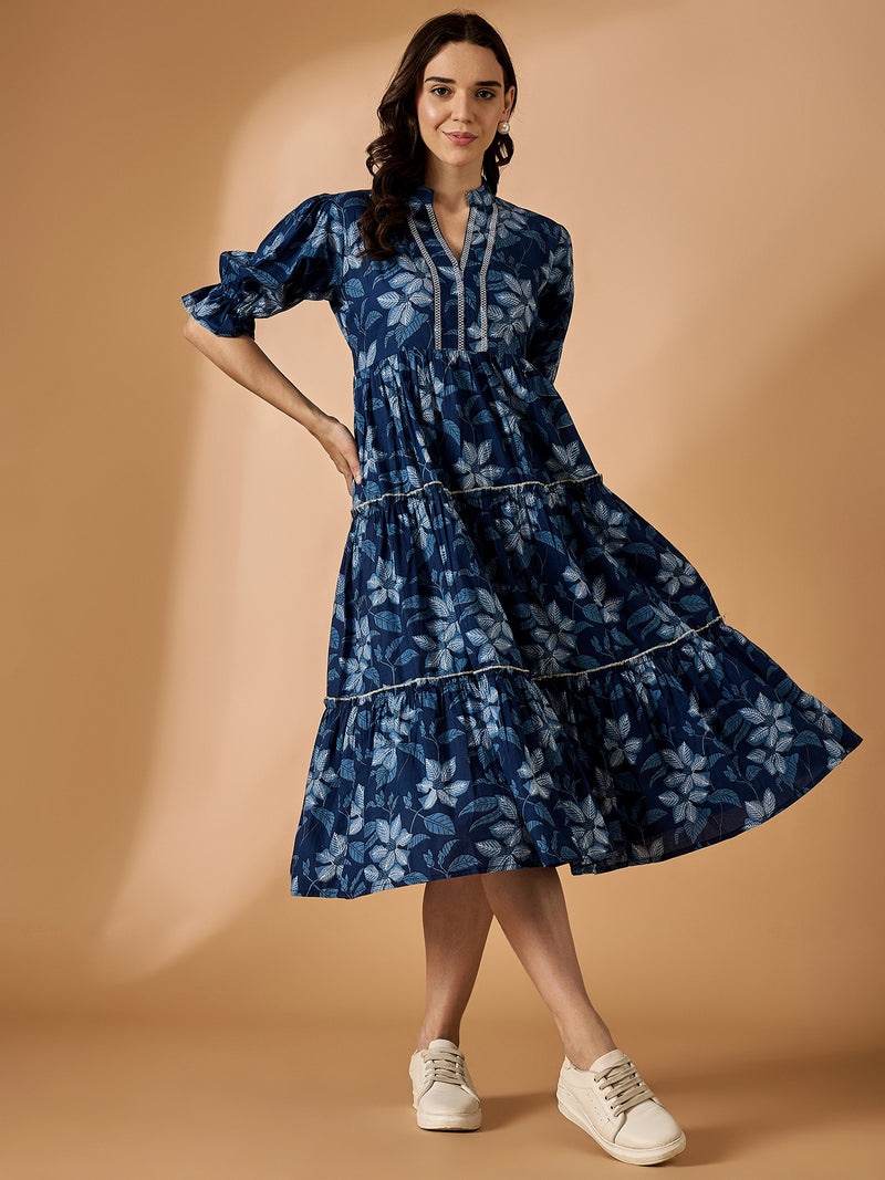 Blue Embroidered Fit & Flared Dress