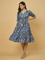 Azira Printed Cotton V-Neck Tiered Midi Dress
