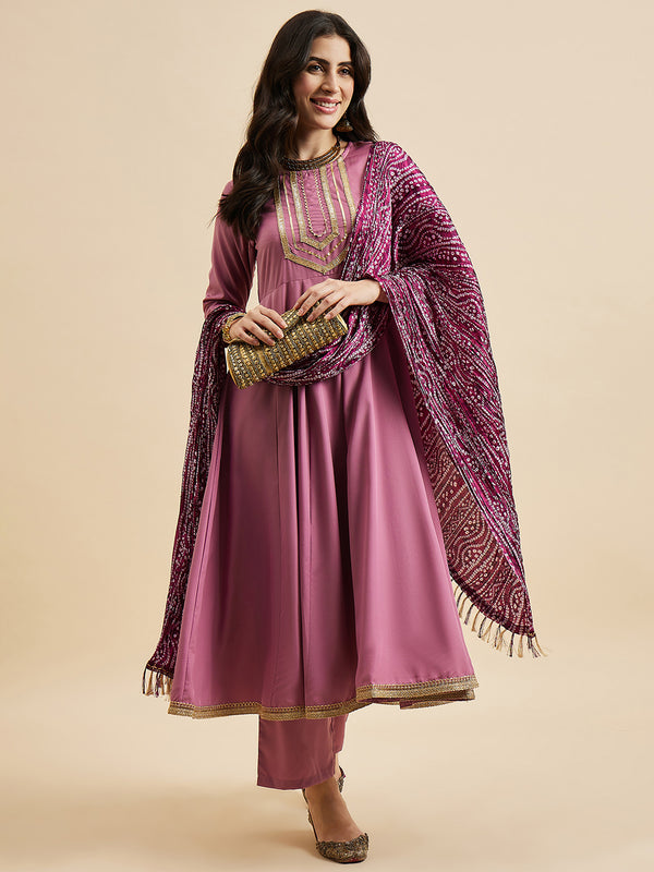 Solid Anarkali Kurta With Palazzo & Dupatta Set