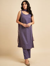 Purple Gold Cut Sleeve Straight Kurta Set With Dupatta