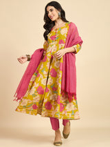 Floral Printed Kurta With Palazzo & Dupatta Set