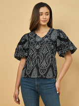 Azira Black Schiffli Printed Balloon Sleeve Top