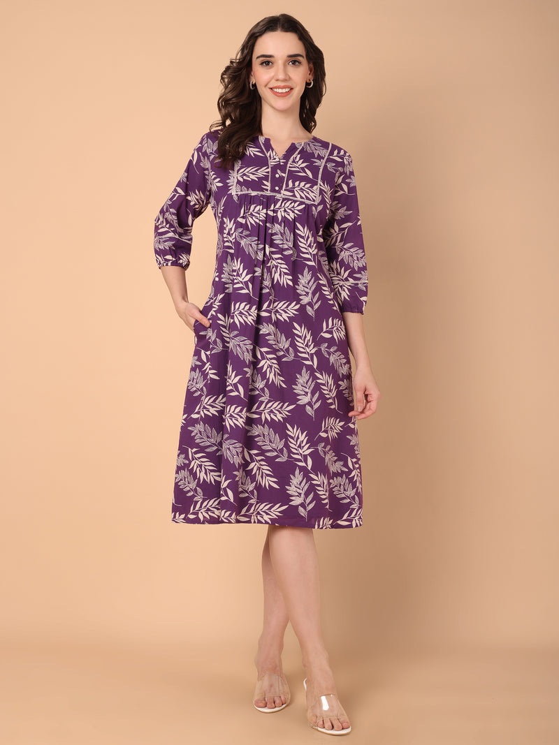 Leaf Print A-Line Dress