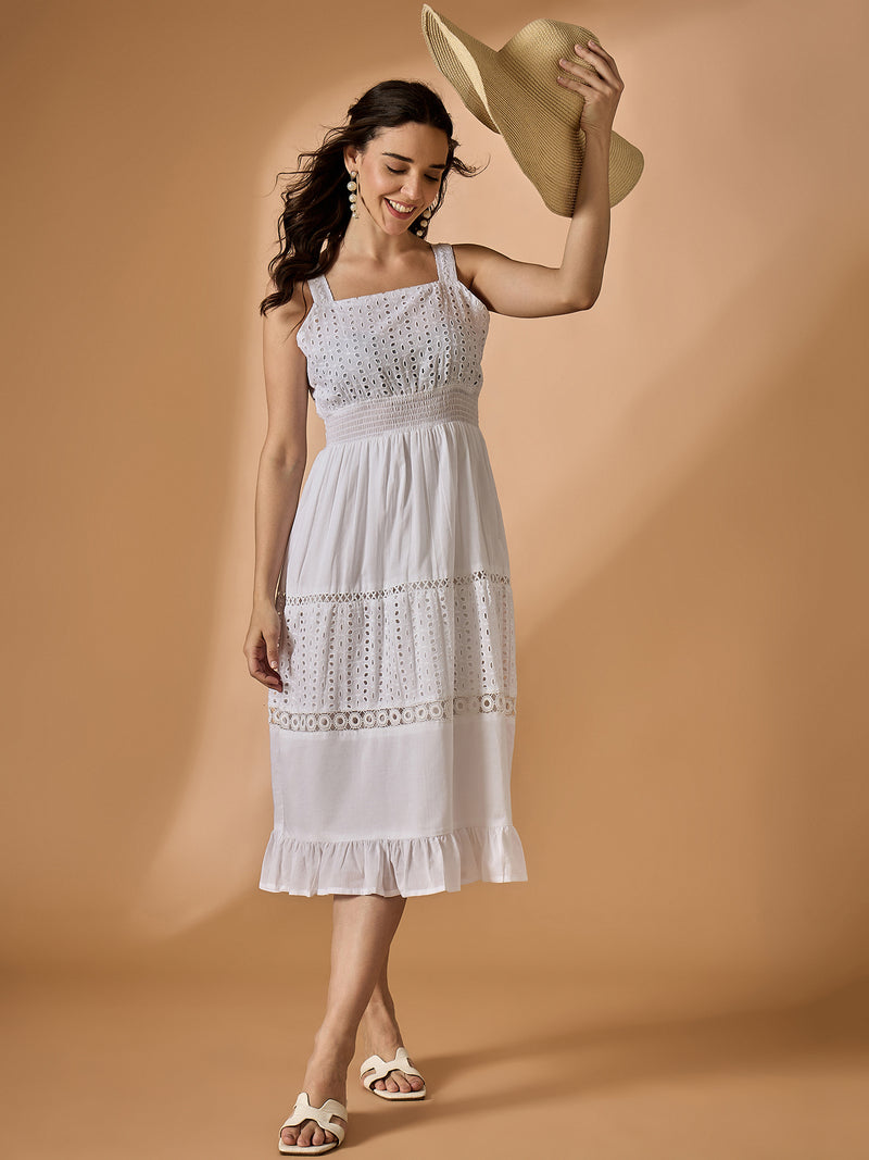 White Schiffli Fit & Flared Dress