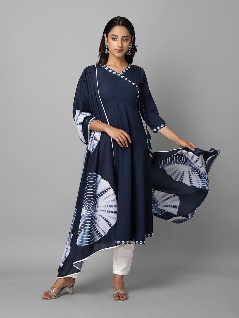 Blue Solid Kurta With Tie & Dye Dupatta