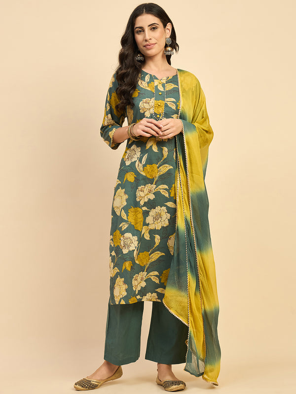 Floral Printed Kurta With Palazzo & Dupatta Set