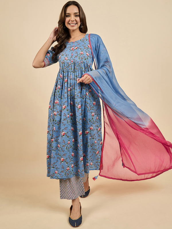 Floral Printed Kurta With Palazzo & Dupatta Set