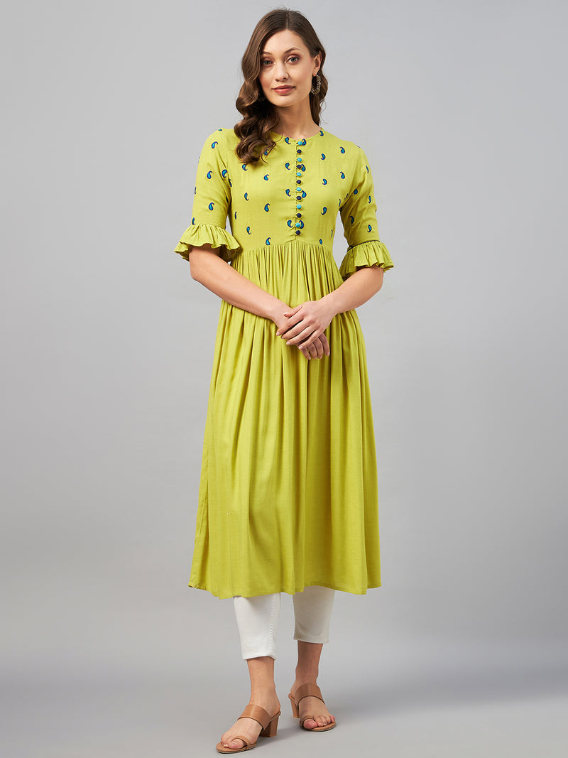 A-Line Lime Green Paisely Embroidered Rayon Kurta