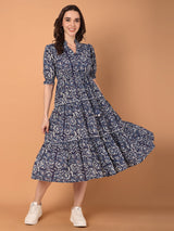Printed Mandarin Collared Midi Dress