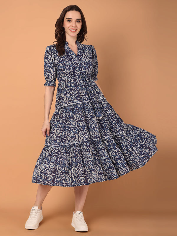 Printed Mandarin Collared Midi Dress