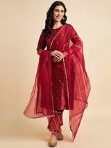 Maroon Raw Silk Straight Calf Length Kurta With Palazzo Dupatta Set