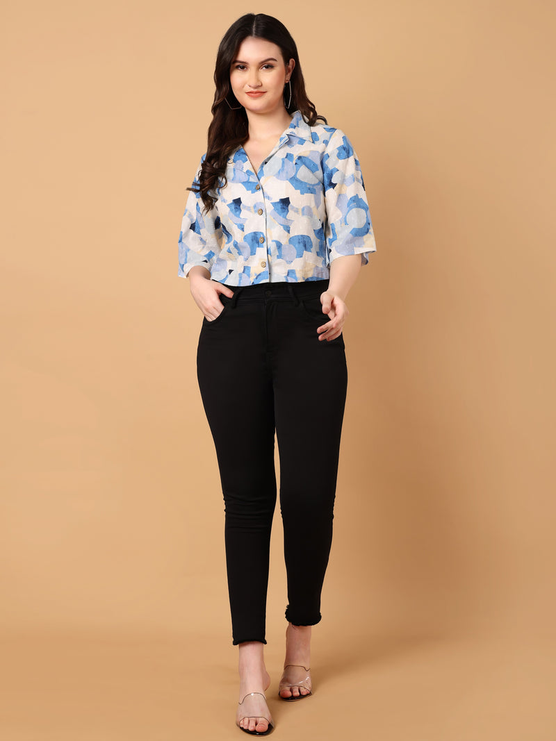Abstract Printed Shirt Collar Top