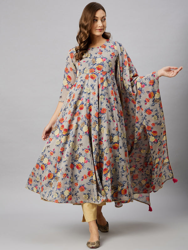 Floral Printed Kurta With Palazzo & Dupatta Set