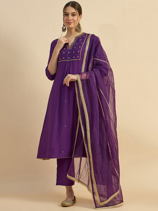 Embroidered Flared Kurta With Palazzo & Dupatta Set