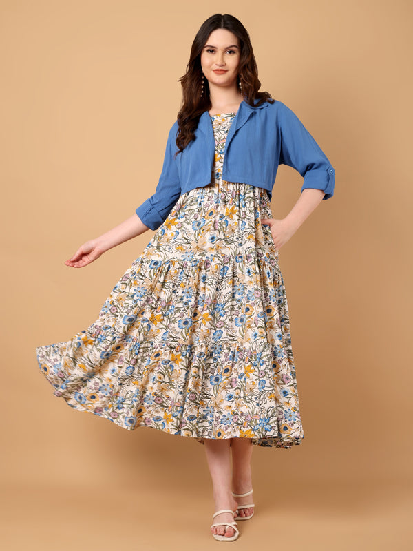 Floral Printed Gathered Dress with jacket