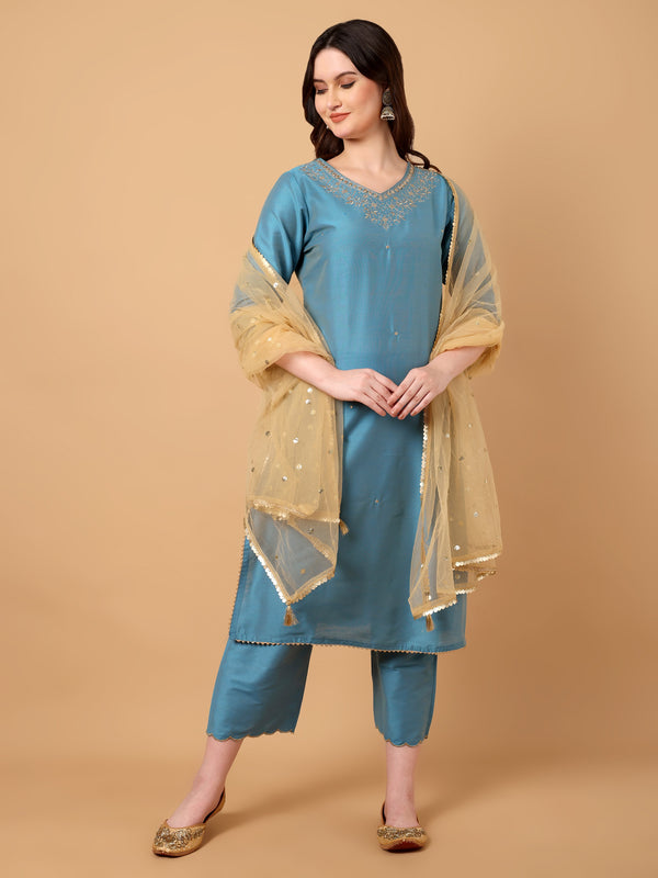 V Neck Embroidered Kurta Palazzo With Dupatta Set