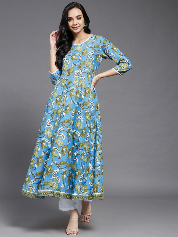 Blue and Green Floral Printed Anarkali Kurta