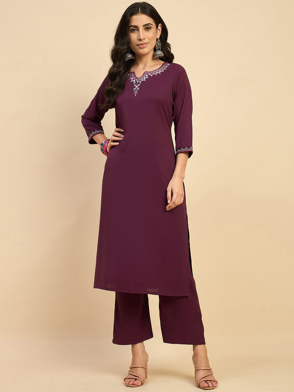 Solid Embroidered Kurta With Palazzo Set