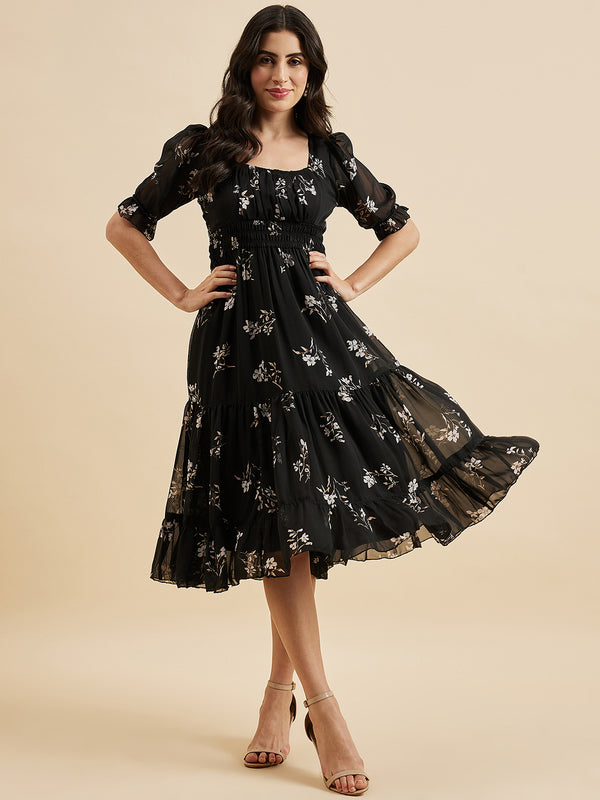 Black Printed Smocking Dress