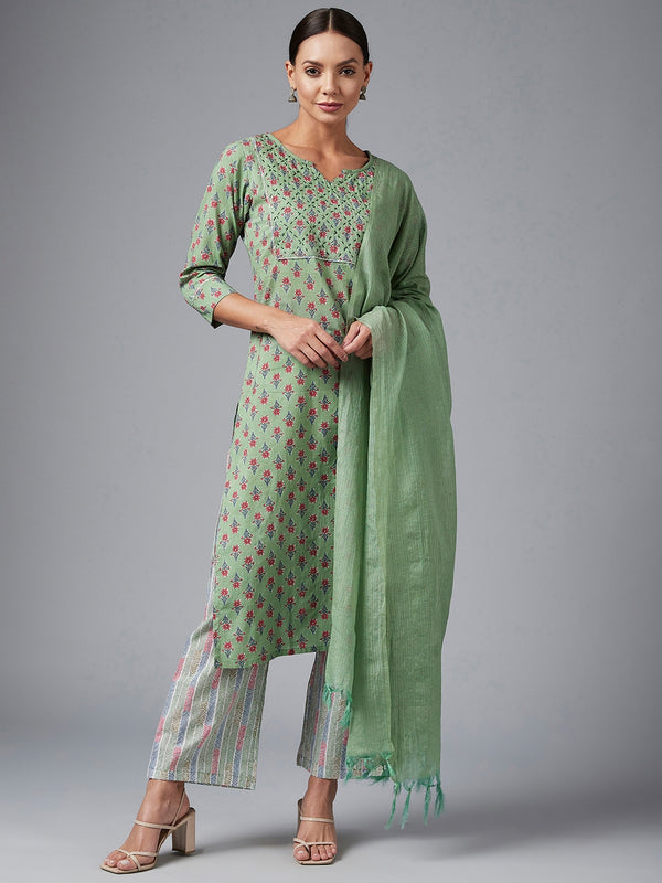 Green Printed Kurta With Dupatta & Palazzo