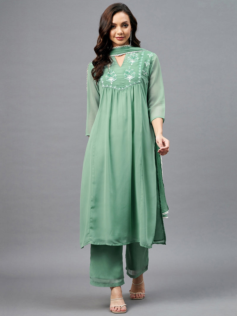 Green Embroidered Kurta With Palazzo & Dupatta