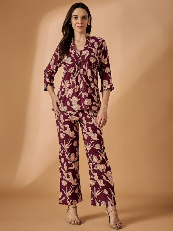 Floral Printed V neck Co-Ords Set