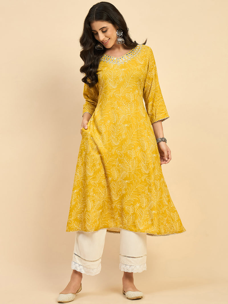 Embroidered Yellow A line Kurta