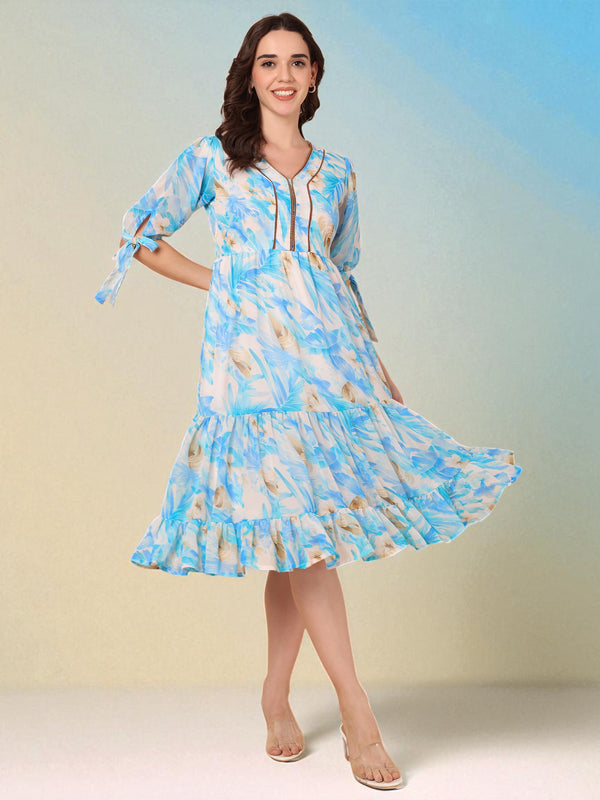Tiered Midi Dress with Tropical Print
