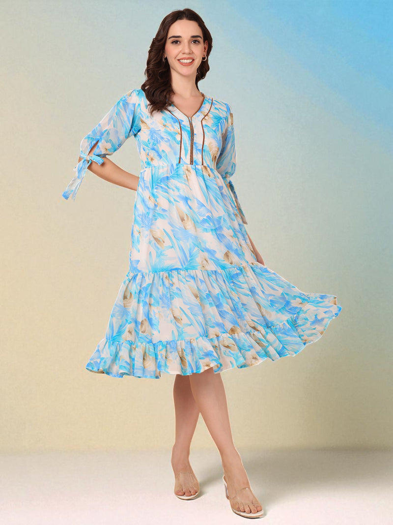 Tiered Midi Dress with Tropical Print