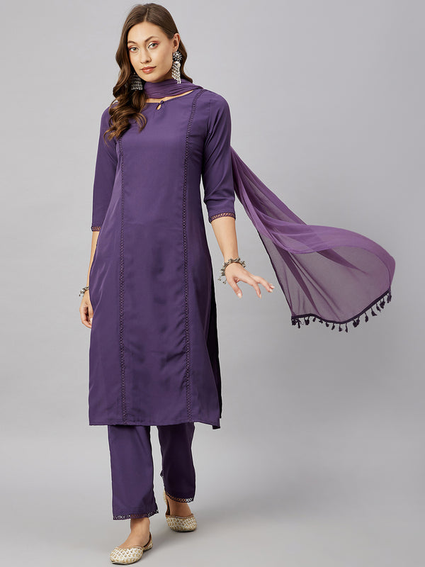 Solid Purple Rayon Kurta With Palazzo & Dupatta