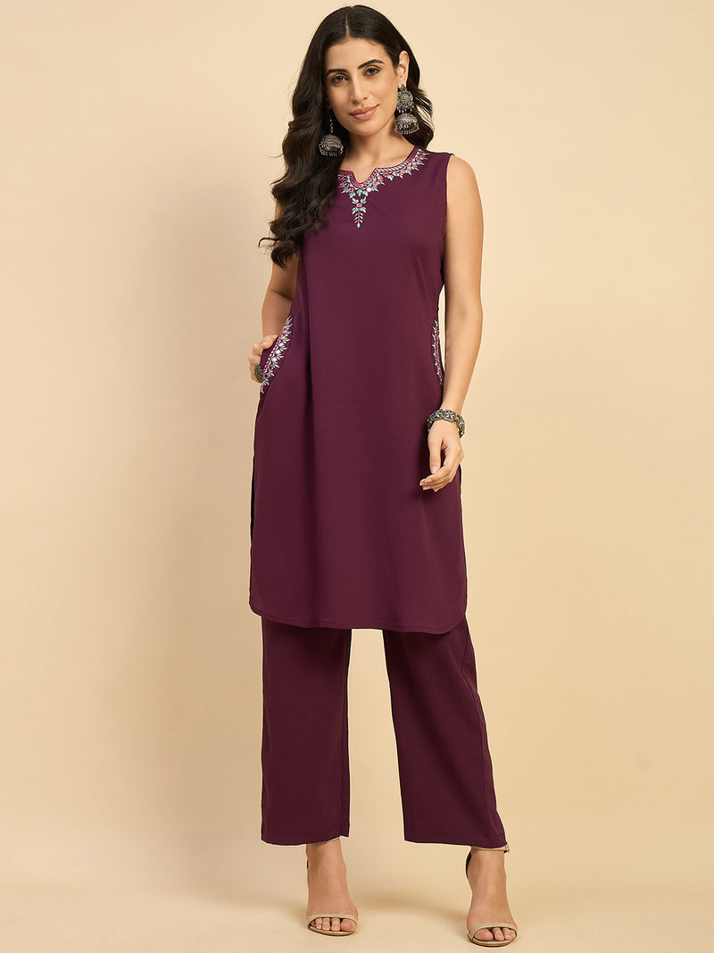 Solid Embroidered Kurta With Palazzo Set