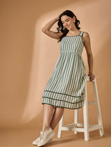 Green Square Neck Striped Dress